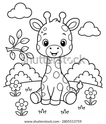 Cute Giraffe Coloring Page for Kids – Easy Baby Giraffe Printable Black and White