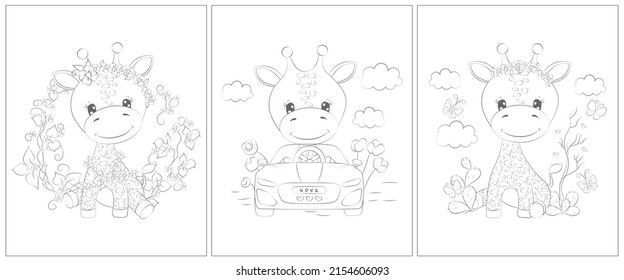 Cute giraffe coloring page. Set of 3 pages for a coloring book. Cute animal vector illustration in black and white. Outlines of animals for coloring pages for girls and boys. 
