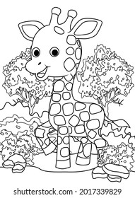 página de color de jirafa linda con fondo de árboles, genial para aprender a colorear a su hijo, aprender a reconocer los colores de la naturaleza y los animales