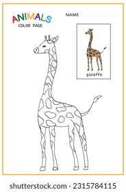 A cute giraffe coloring worksheet. A simple vector line drawing. Printable A4- Animals color pages. 