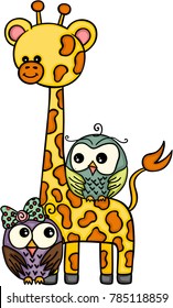 Cute giraffe with couple owls
