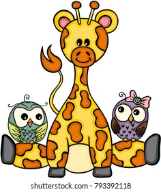 Cute giraffe with couple owls
