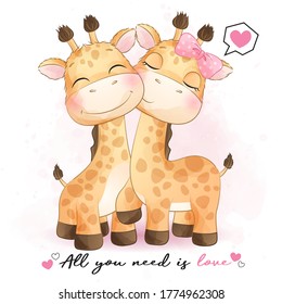 Cute giraffe couple with watercolor illustration