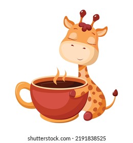 cute giraffe with a cup of coffee in hand drawn style. baby giraffe sitting. giraffe cartoon