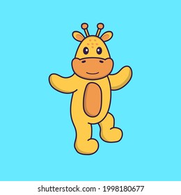 Cute giraffe is dancing. Animal cartoon concept isolated. Can used for t-shirt, greeting card, invitation card or mascot.