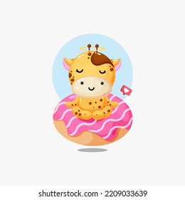 Cute giraffe doing yoga with donut illustration icon