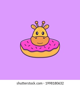 Cuesta jirafa con un donut en el cuello. El concepto de caricatura animal aislado. Puede usarse para camisetas, tarjetas de felicitación, tarjetas de invitación o mascota.
