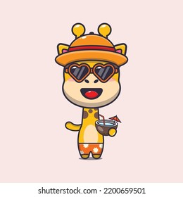 Cute giraffe drink coconut cartoon illustration.