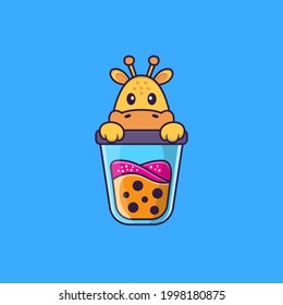 Cute giraffe Drinking Boba milk tea. Animal cartoon concept isolated. Can used for t-shirt, greeting card, invitation card or mascot.
