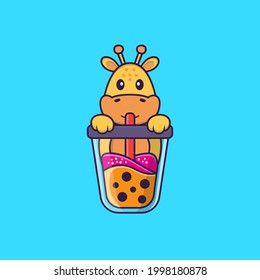 Cute giraffe Drinking Boba milk tea. Animal cartoon concept isolated. Can used for t-shirt, greeting card, invitation card or mascot.