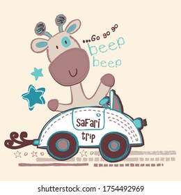 Cute giraffe drive the car vector character illustration