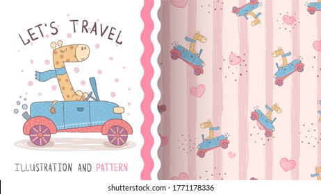 Cute giraffe driver - seamless pattern