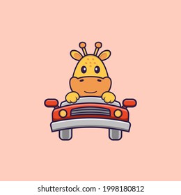 Cute giraffe is driving. Animal cartoon concept isolated. Can used for t-shirt, greeting card, invitation card or mascot.