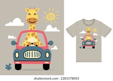 Cute giraffe driving car illustration with tshirt design premium vector the Concept of Isolated Technology. Flat Cartoon Style Suitable for Landing Web Pages,T shirt, Flyers, Stickers