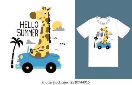 Cute giraffe driving car illustration with tshirt design premium vector the Concept of Isolated Technology. Flat Cartoon Style Suitable for Landing Web Pages,T shirt, Flyers, Stickers