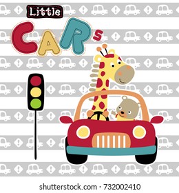 cute giraffe driving car with little bear on striped vehicles background pattern, vector cartoon illustration
