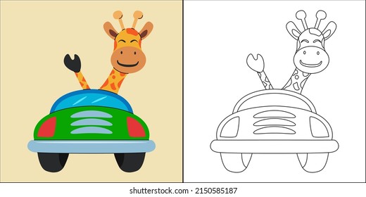 Cute giraffe driving a car suitable for children's coloring page vector illustration