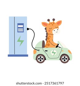 Cute giraffe driving an electric car while charging at an eco-friendly station. Green transportation concept, environmental protection. Flat vector childish illustration isolated on white background.