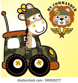 Cute giraffe driving military car, cute lion wearing army beret, t shirt design, vector cartoon illustration