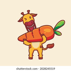 cute giraffe eating big carrot. cartoon animal food concept Isolated illustration. Flat Style suitable for Sticker Icon Design Premium Logo vector. Mascot Character