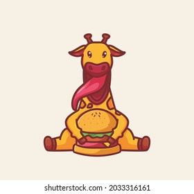 cute giraffe eating a giant burger. cartoon animal food concept Isolated illustration. Flat Style suitable for Sticker Icon Design Premium Logo vector. Mascot Character