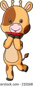 The cute giraffe is eating and holding a slice of watermelon of illustration