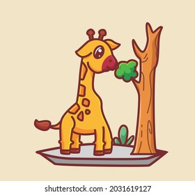 cute giraffe eating leaf. cartoon animal food concept Isolated illustration. Flat Style suitable for Sticker Icon Design Premium Logo vector. Mascot Character