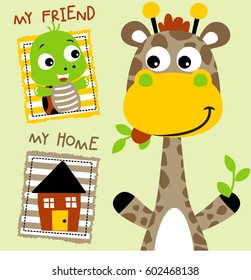 Cute giraffe eating leaf, little turtle with a house, vector cartoon illustration