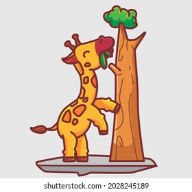 cute giraffe eating a leaf on the tree. cartoon animal nature concept Isolated illustration. Flat Style suitable for Sticker Icon Design Premium Logo vector. Mascot Character
