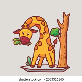 cute giraffe eating leaf from tree. cartoon animal food concept Isolated illustration. Flat Style suitable for Sticker Icon Design Premium Logo vector. Mascot Character