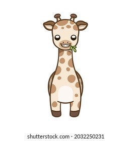 Cute giraffe eating leaves cartoon clipart vector illustration. African woodland animal element for print, design, stickers etc.