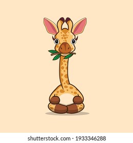 Cute giraffe eating leaves vector flat illustration.