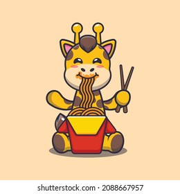 Cute giraffe eating noodle. Cute cartoon animal vector illustration. Vector isolated, flat illustration for poster, brochure, web, mascot, sticker, logo and icon.