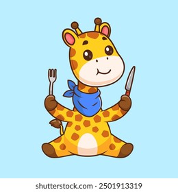 Cute Giraffe Eating With Spoon And Knife Cartoon Vector Icon Illustration. Animal Food Icon Concept Isolated Premium Vector. Flat Cartoon Style