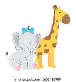 cute giraffe with elephant isolated icon vector illustration design