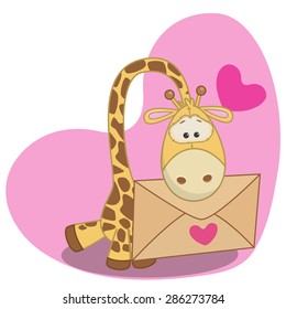 Cute Giraffe in with envelope on a heart background