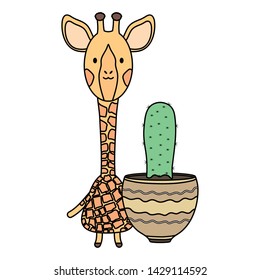 cute giraffe with exotic cactus in ceramic pot