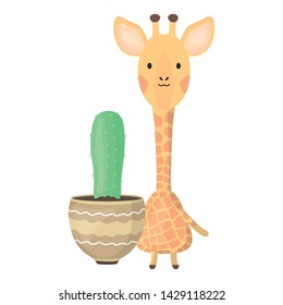 cute giraffe with exotic cactus in ceramic pot