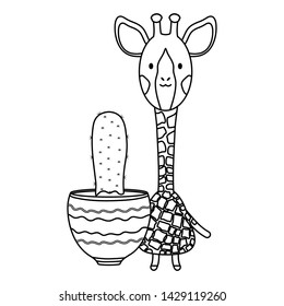 cute giraffe with exotic cactus in ceramic pot