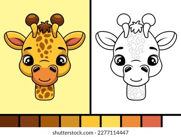 Cute giraffe face cartoon illustration in coloring page style baby safari animal