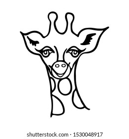 Cute giraffe face. Children's illustration. Handwork. Wild animals. Africa. Cartoon. Coloring. Black line.