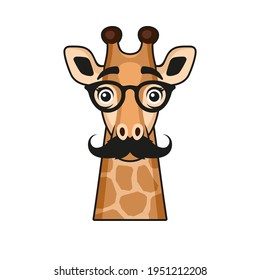 Cute Giraffe Face With Eyeglasses And Mustaches On White Background. Vector