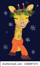 Cute giraffe face illustration. T-shirt graphics. Animals on vintage bikes. Cartoon character for children. Prints, greeting cards, textile artworks. Christmas postcard.