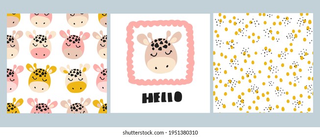 Cute giraffe face. A set of cards for children's design. Seamless pattern with funny muzzles. Abstract infinite dot background. For baby shower, wallpaper in the baby's room