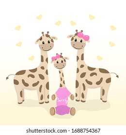 Cute giraffe family. Giraffe girl with mom and dad. Cute tiny family. Cartoon vector illustration. Suitable for baby t-shirt, baby clothes, greeting card, pajamas and games room, baby shower. Children