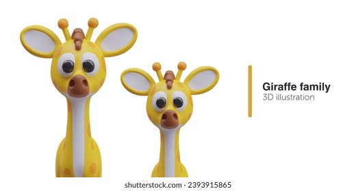 Cute-Giraffe-Familie auf weißem Hintergrund. Realistisches Poster mit Platz für Text. Mama giraffe mit Kind. Afrikanische Tiere. Vektorgrafik im 3D-Stil