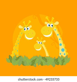 Cute giraffe family portrait. Vector Illustration of giraffe family. Funny animal characters in retro style.