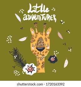Cute giraffe flat hand drawn illustration. Giraffe character with lettering. Jungle, rainforest, savannah animal. African predator. Zoo, safari mammal. Travel postcard, kids book clipart.