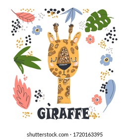 Cute giraffe flat hand drawn illustration. Giraffe character with lettering. Jungle, rainforest, savannah animal. African predator. Zoo, safari mammal. Travel postcard, kids book clipart.