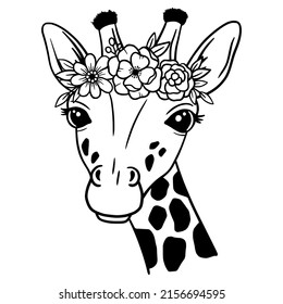 Cute Giraffe con flor corona Linea Art. Dibujo Floral Giraffe ilustración vectorial. Bueno para carteles, camisetas, postales.